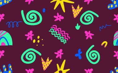 Trendy vector pattern with hand drawn dots, shapes, lines, scribbles and objects. Doodles and different shapes. Background for print, cover, wallpaper, fabric, clothes, wrapper