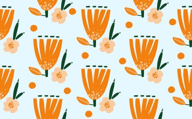 Trendy vector seamless repeating pattern with hand drawn flowers, dots and different shapes on blue background. Background for cover, wallpaper, fabric, clothes, wrapper, case, textile, cards, textile