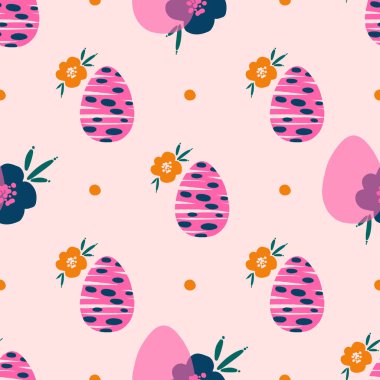 Easter seamless repeating pattern with eggs, flowers and dots. Background or texture for fabric, wallpaper, textile, apparel, wrapping, scrapbooking, tags, cover, cards, invitation