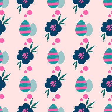 Easter seamless repeating pattern with pink and blue eggs, flowers and dots. Background or texture for fabric, wallpaper, textile, apparel, wrapping, scrapbooking, tags, cover, cards, invitation