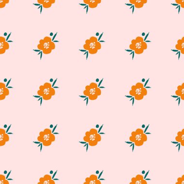 Seamless repeating pattern with orange flowers on pink background. Background or texture with flowers for fabric, wallpaper, textile, apparel, wrapping, scrapbooking, tags, cover, cards, invitation
