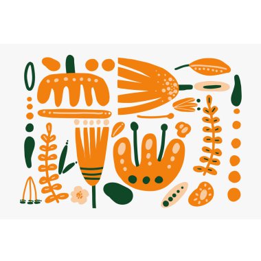 Collection of floral shapes, dots, doodles elements, lines, scribbles and objects. Contemporary collage design. Modern elements for icon, web, fabric, banner, logo, print, gift, label, advertising