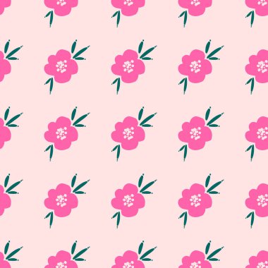 Pembe arka planda pembe çiçekli kusursuz tekrarlayan desen. Kumaş, duvar kağıdı, tekstil, giysi, ambalaj, hatıra defteri, etiket, kapak, kartlar, davetiye