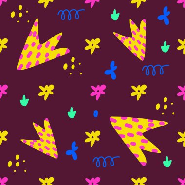 Noktaları, şekilleri, çizgileri, karalamaları ve nesneleri olan modaya uygun bir vektör modeli. Karalamalar ve farklı şekiller. Baskı, kapak, duvar kağıdı, kumaş, giysi, ambalaj için arka plan