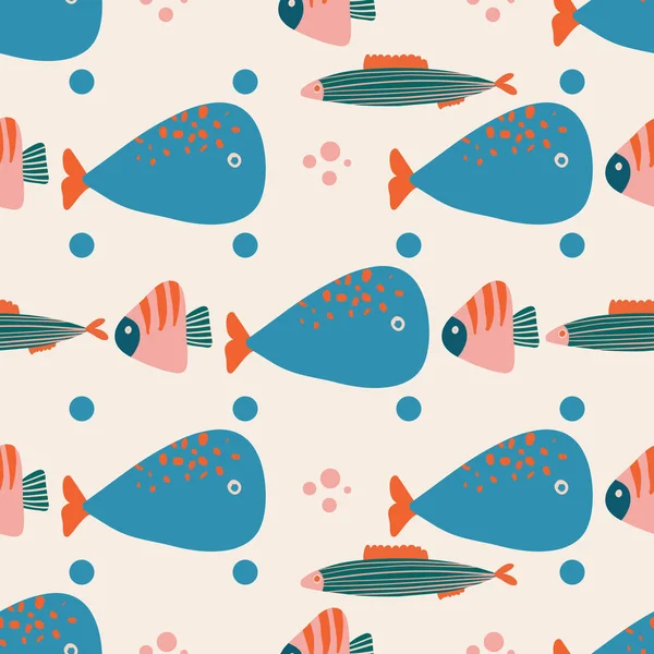 Vector Childish Seamless Flat Pattern Hand Drawn Fishes Childish Texture — Stock Vector