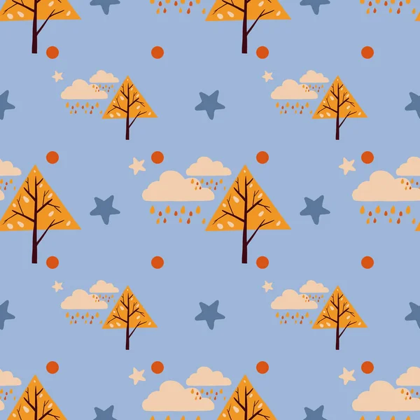 Vektornahtloses Muster Mit Gelben Dreiecksbäumen Regenwolken Sternen Textur Für Stoff — Stockvektor