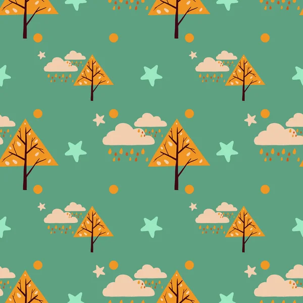 Seamless Pattern Yellow Triangle Trees Raining Clouds Stars Texture Fabric — Stock Vector