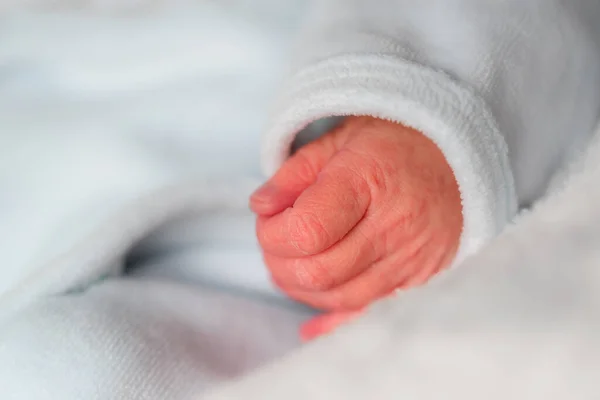 Primer Plano Una Mano Recién Nacido Con Ropa Blanca —  Fotos de Stock