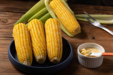 Pişmiş yeşil mısır, koçanda mısır geleneksel Brezilya yemeği.