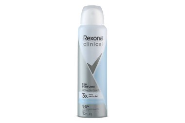 Kokusuz aerosol karşıtlığı, Rexona Kliniği, 96 saat, 150 ml, 91 g, beyaz arka planda izole edilmiş.