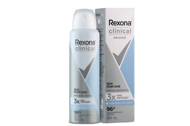 Kokusuz aerosol karşıtlığı, Rexona Kliniği, 96 saat, 150 ml, 91 g, tüp ve kutu, beyaz arka planda izole edilmiş.