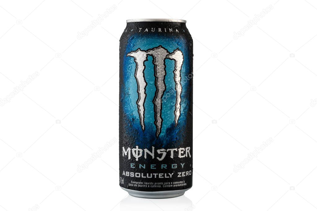 ONE CANS OF MONSTER ENERGY DRINK ABSOLUTELY ZERO 473 ml, COLD DRINK, WHITE BACKGROUND