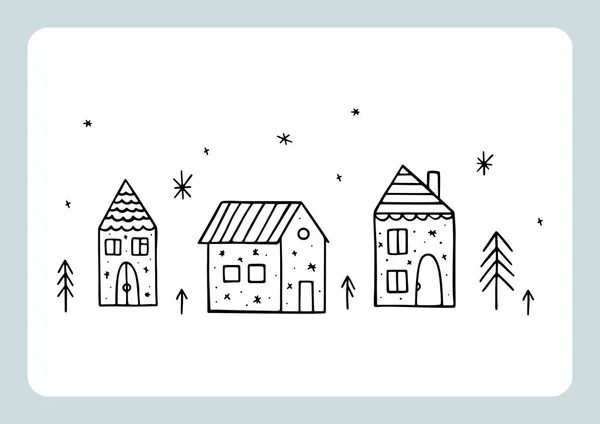 Ręcznie Rysowane Domy Bożego Narodzenia Płatków Śniegu Sosen Izolowanych Białym — Wektor stockowy