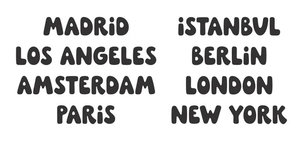 一组印有城市名称的手绘泡沫字母 马德里 洛杉矶 阿姆斯特丹 伊斯坦布尔 印刷品 海报的通俗城市名称 平面矢量字母书写 — 图库矢量图片