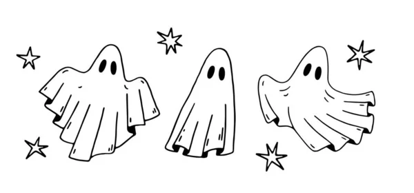 Fantasmas Estrelas Voadores Desenhados Mão Fantasma Vector Bonito Linear Para —  Vetores de Stock