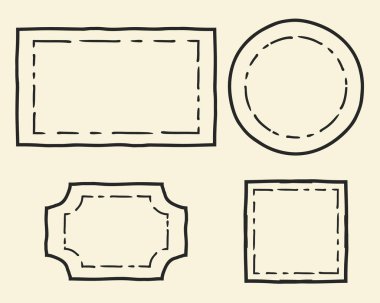 Çerçeve dizisi. El çizimi dekoratif siyah karalama fırça darbesi kenarları, karalanmış çizgi, daire, kare, dikdörtgen geometrik şekiller. Vektör illüstrasyonu