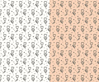 Çocuksu çiçek lalesi kusursuz desen. El çizimi mürekkep fırçası darbeleri resimleme, ana hatları izole elementler. Sevimli çocuk tasarımı. Şeffaf arkaplan, Vektör illüstrasyonu