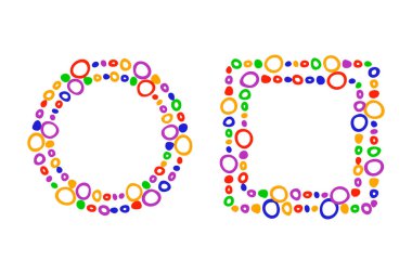 Çerçeve, sınır çizgisi. El çizimi fırça darbeleri, sevimli baloncuklar, renkli gökkuşağı renk paleti. Çelenk, kare geometrik şekiller. Metin alanı için boş çerçeve. Vektör illüstrasyonu