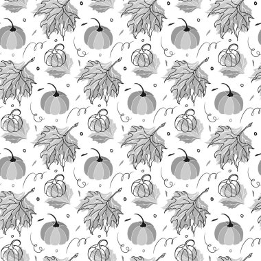 Sonbahar balkabağı pürüzsüz deseni. Çizim stili, el çizimi doğrusal tasarım. Gri tonlar renk paleti. Beyaz arka plan. Vektör dekoratif resimleme