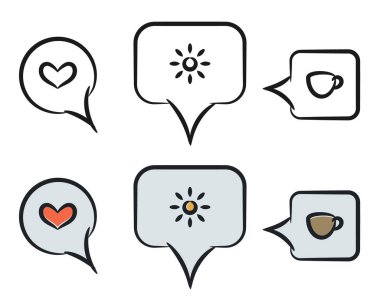 Konuşma baloncuğu simgeleri ayarlandı. El çizimi çizgi film tasarımı, karalama fırçası çizgisi, dış hatlar izole edilmiş elementler, renkli görüntüler. Vektör çizimi. Hafta sonu konsepti