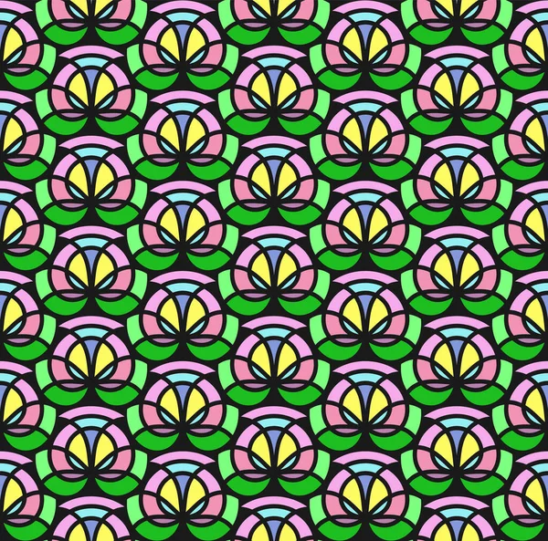 Florales Kaleidoskop Nahtloser Muster Abstrakte Glasmalerei Geometrische Blumenform Farbenfroher Gitterhintergrund — Stockvektor