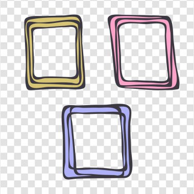 Çizgi roman çerçeveleri, sınır, kareli arkaplan seti. El çizimi mürekkep lekesi fırça darbeleri ve dolgular, pastel renkli palet. Serbest kare geometrik şekiller, metin uzayı. Vektör illüstrasyonu