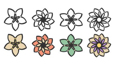 Çiçek ikonları seti, boho stili logo, siyah kalın çizgi çizgi film tasarımı. Yaratıcı çiçek ağı dekoru, taslak, renkli izole elementler, vektör illüstrasyonu