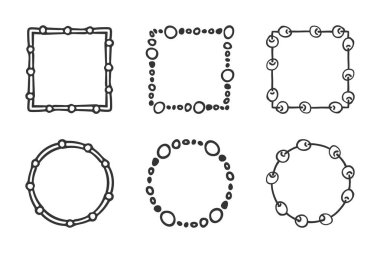 Çerçeve, karalama tarzı kenarlar ayarlandı. Elle çizilmiş fırça darbeleri, izole grafik elementler. Ana çelenk, kare geometrik şekiller. Metin alanı için boş çerçeve. Vektör illüstrasyonu