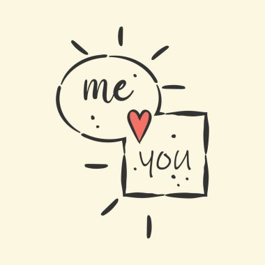 Aşk sembolü konsept kartı, daire kare çerçeve. Çizgi film karikatürü gibi. El çizimi siyah fırça darbesi. Sen ve ben mesaj atacağız. Beyaz arkaplan, vektör resimleme