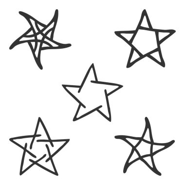 Yıldız, dekoratif sembol seti. Orijinal çizgi, noktalar, çeşitli taslak form koleksiyonu, siyah renk grafikleri. İzole elementler, beyaz arka plan. Web tasarımı için vektör illüstrasyonu