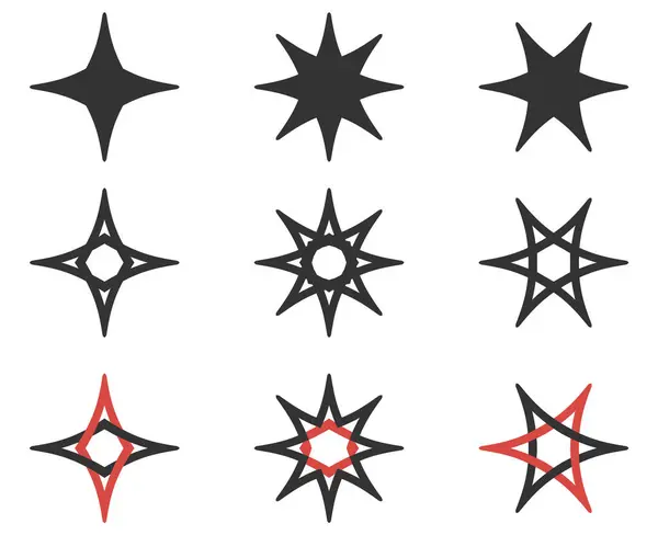 Yıldız sembolü seti. Çeşitli taslak şekil koleksiyonu, siyah renkli piktogram grafikleri. İzole elementler, beyaz arka plan. Web tasarımı için vektör illüstrasyonu