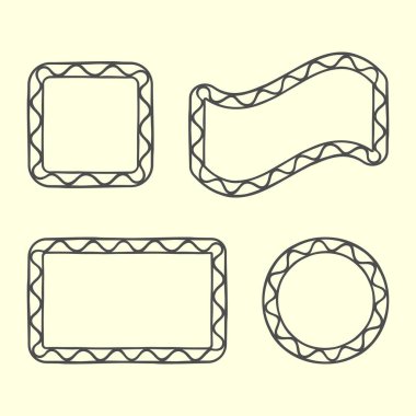 Dekoratif çerçeve seti. Doodle tarzı tasarım, el çizimi siyah çizgi sınır izole elementler, dikdörtgen şekiller, daire, kare. Metin boşluğu. Vektör illüstrasyonu