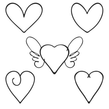 Kalp şeklindeki karalama seti, aşk konsepti. El çizimi mürekkep fırçası çizgisi. Taslak karalanmış yalıtılmış elementler, siyah renk hatları. Güzel hatıra defteri web seti. Vektör illüstrasyonu