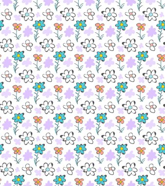 Ditsy şirin çiçeksiz desen. El çizimi karalama tarzı, estetik fırça çizgisi, çocukça saf sanat grafik tasarımı. Rastgele dekoratif çiçek, beyaz arkaplan. Vektör illüstrasyonu