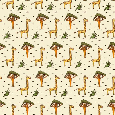 Safari Afrika kusursuz desen çiziyor. Çocuksu çizgi film tasarımı tarzı. Hayvan zürafa, ağaç eli çizilmiş sevimli çocuk arkaplanı. Renkli vektör illüstrasyonu