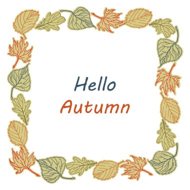 Sonbahar yaprakları Frame. El çizimi mürekkep fırçası çizgisi, şirin karalama çizimi doğrusal tasarım, meşe ağacından kavak yaprağı şekilleri. Sonbahar mevsimsel ağ dekorasyon sınırı. Metin alanını kopyala. Vektör illüstrasyonu