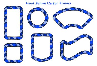 Deniz suyu çerçevesi, karalama sınırı. El çizimi mürekkep fırçası fırçası fırça darbesi, renkli bir görüntü. Çelenk, kare, dikdörtgen geometrik şekiller koleksiyonu. Boş metin alanı. Vektör illüstrasyonu
