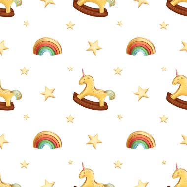 Çocuk oyuncakları, bebek oyuncakları. Tek boynuzlu at, gökkuşağı, yıldızlar. Tekstil için çocuk arkaplanı, karikatür tarzı ambalaj kağıdı