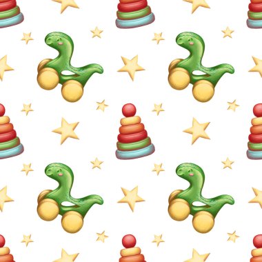 Çocuk oyuncakları, bebek oyuncakları. Dinozor, korsan, yıldızlar. Tekstil için çocuk arkaplanı, karikatür tarzı ambalaj kağıdı