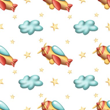  Çocuk oyuncakları, bebek oyuncakları. Uçak, bulut, yıldızlar. Tekstil için çocuk arkaplanı, karikatür tarzı ambalaj kağıdı