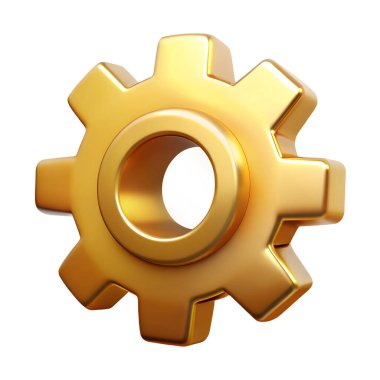 Altın dişli 3D simge beyaz arkaplanda izole edildi. 3D metal illüstrasyonunun en iyi tasviri.