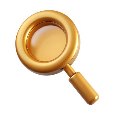 Beyaz zemin üzerinde izole edilmiş üç boyutlu altın büyüteç simgesi. 3D metal illüstrasyonunun en iyi tasviri.