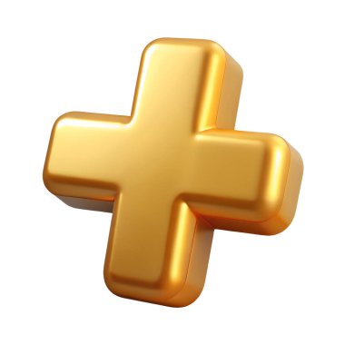 Beyaz arkaplanda izole edilmiş altın artı üç boyutlu simge. 3D metal illüstrasyonunun en iyi tasviri.