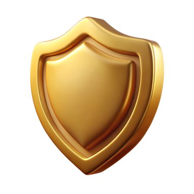 Altın Kalkan 3D simgesi beyaz arkaplanda izole edildi. 3D metal illüstrasyonunun en iyi tasviri.