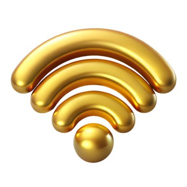 Beyaz arkaplanda izole edilmiş altın wifi 3D simgesi. 3D metal illüstrasyonunun en iyi tasviri.