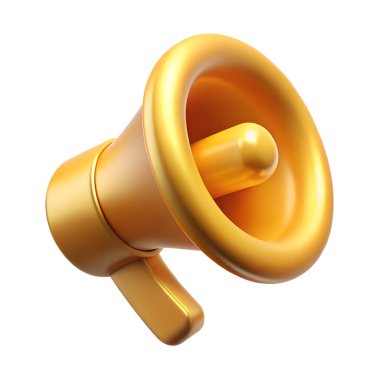 Beyaz arkaplanda 3D altın hoparlör simgesi izole edildi. Yansımalı 3D parlak metal illüstrasyon konsepti.
