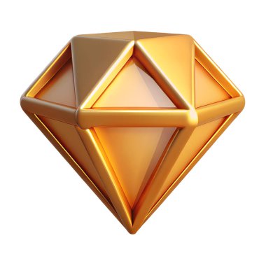 Beyaz arkaplanda izole edilmiş altın elmas 3D ikon. Yansımalı 3D parlak metal illüstrasyon konseptinin en iyi yorumlaması.