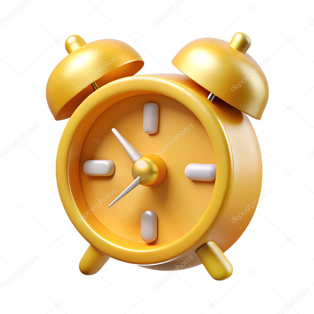 Golden alarm clock 3d icon isolated on a white background. Premium simple render of 3d shiny metal illustration concept with reflections.