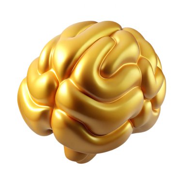 Beyaz arka planda izole edilmiş altın beyin 3D ikonu. Yansımalı 3D parlak metal illüstrasyon konseptinin kaliteli basit canlandırması.
