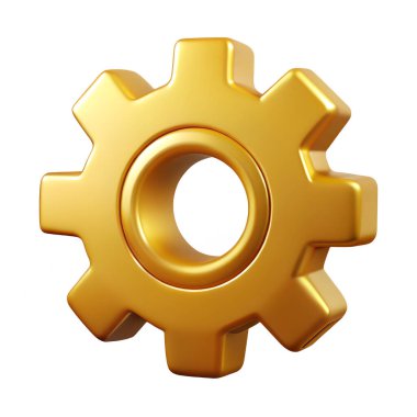 Altın dişli 3D yüksek kalite ikon beyaz arka planda izole edilmiş. Yansımalı 3D parlak metal illüstrasyon konseptinin kaliteli yüksek çözünürlüklü görüntüsü.